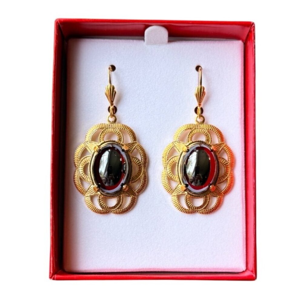 Alzerina Magnolia Earrings Jet Hematite 24kt‎ Gold Plated Filigree Drop Earrings
